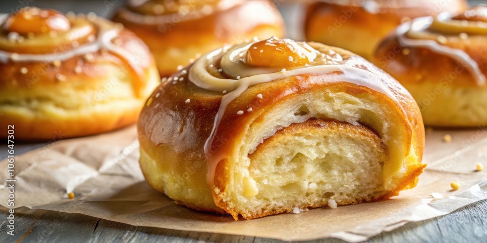 A Close-Up of a Sweet, Glazed Pastry Roll with a Bite Taken Out, Revealing its Soft and Fluffy Interior A Close-Up of a Sweet, Glazed Pastry Roll with a Bite Taken Out, Revealing its Soft and Fluffy Interior
