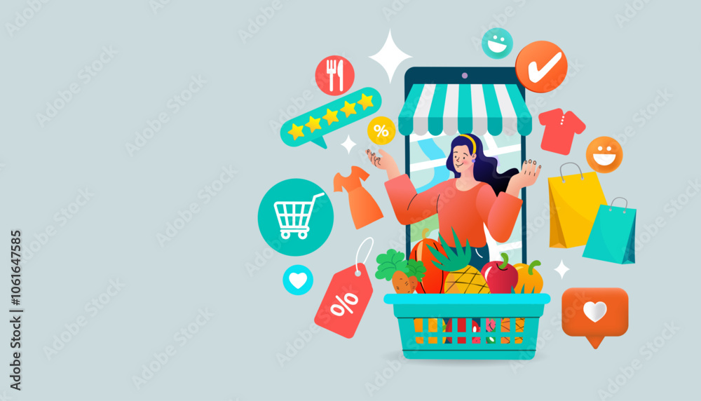 E-commerce advertising illustration. fast online delivery service. Hands holding a package box with groceries out of mobile screen. Food delivery. E-commerce advertising illustration. fast online delivery service. Hands holding a package box with groceries out of mobile screen. Food delivery.