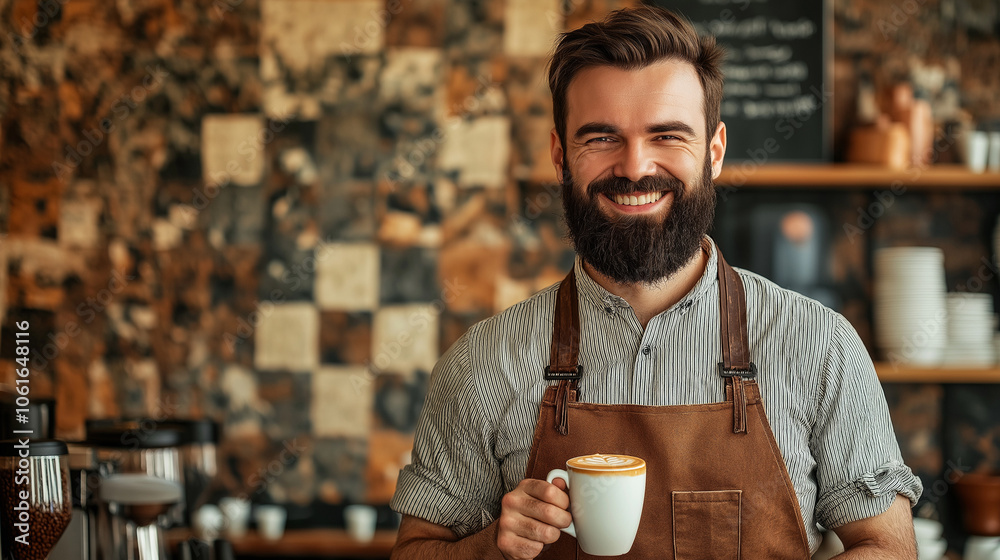 Happy barista serving coffee in a cozy café with rustic decor during morning hours