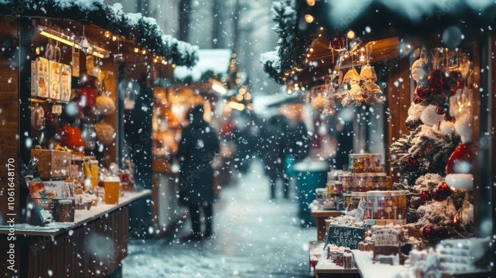 Fototapeta premium Christmas market filled with stalls selling warm drinks, ornaments, and gifts, covered in snow. Festive winter scene with cozy holiday vibes.