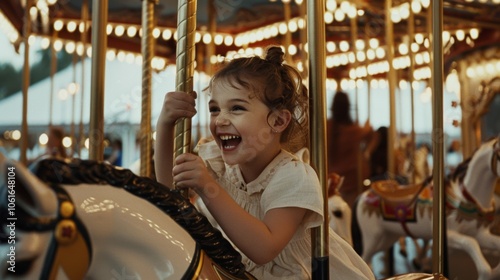 A young girl joyfully rides a carousel horse, her laughter illuminating the vibrant lights and nostalgia of a festive carnival scene. photo