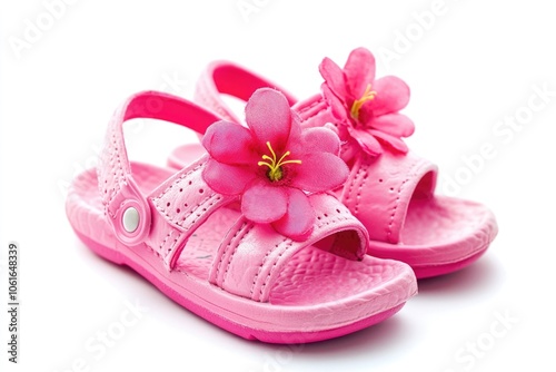 A pair of pink sandals adorned with flowers, perfect for spring and summer occasions