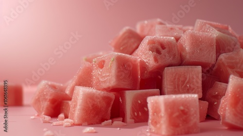 A mound of watermelon cubes, glistening with moisture, sits atop a pink surface, exuding a sense of freshness and summer indulgence.