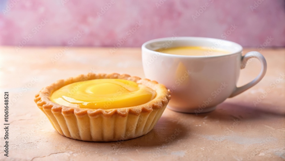 A Single Lemon Tartlet Beside a Cup of Tea, Ready for a Sweet and Refreshing Afternoon Treat A Single Lemon Tartlet Beside a Cup of Tea, Ready for a Sweet and Refreshing Afternoon Treat