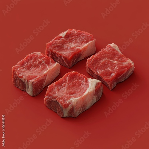 Juicy Raw Beef Chunks on a Vibrant Red Background