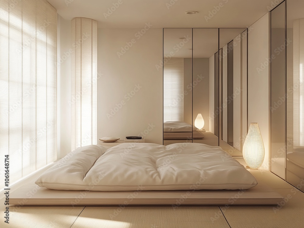 Minimalist Japanese Bedroom Interior Design with Futon Bed. Minimalist Japanese Bedroom Interior Design with Futon Bed.