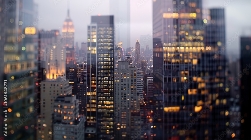 Skyscrapers pierce the misty skyline in a cityscape reflecting a sea of lights, creating a captivating urban dreamscape. Skyscrapers pierce the misty skyline in a cityscape reflecting a sea of lights, creating a captivating urban dreamscape.