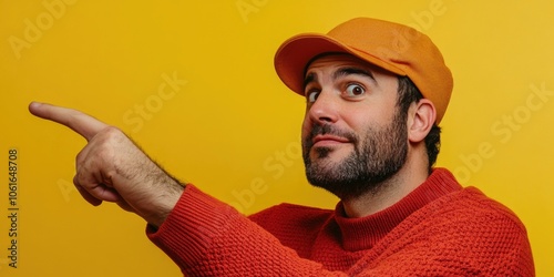 A man wearing an orange hat pointing at something with interest