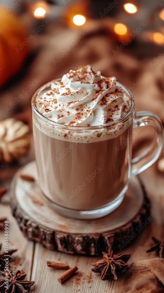 Pumpkin spice latte with whipped cream in autumnal setting Pumpkin spice latte with whipped cream in autumnal setting