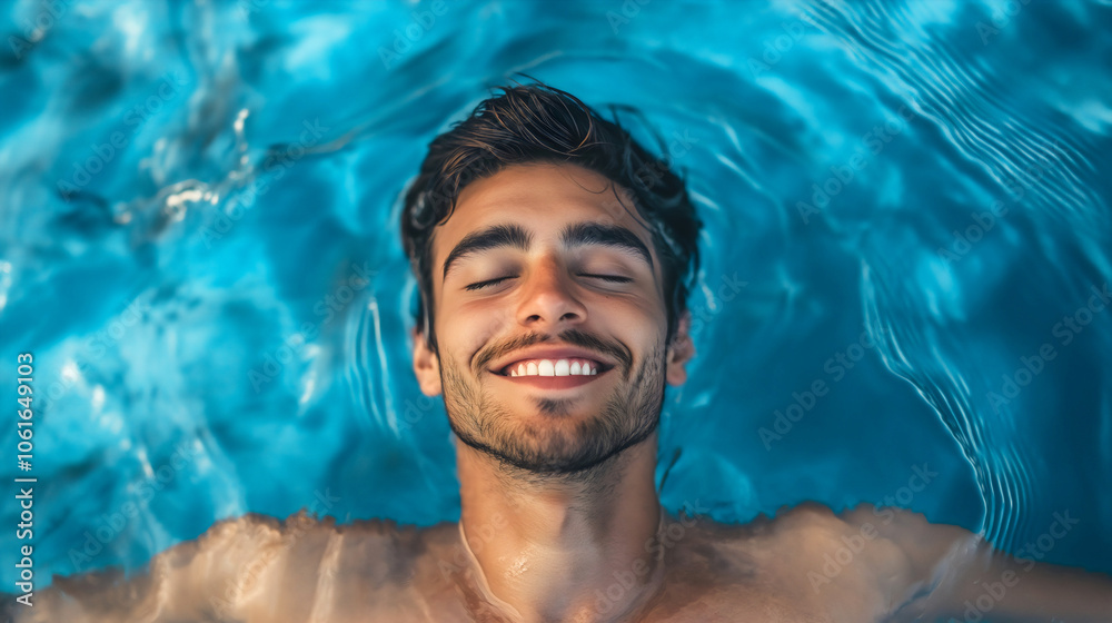 Serene swimming pool water floating, peaceful man top view carefree lying, tranquil enjoying leisure relaxation pool, refreshing blissful rejuvenating, carefree relaxing joyful Serene swimming pool water floating, peaceful man top view carefree lying, tranquil enjoying leisure relaxation pool, refreshing blissful rejuvenating, carefree relaxing joyful