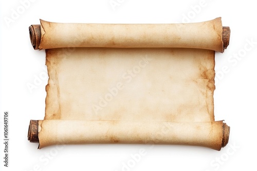 An ancient scroll lying on a pure white background