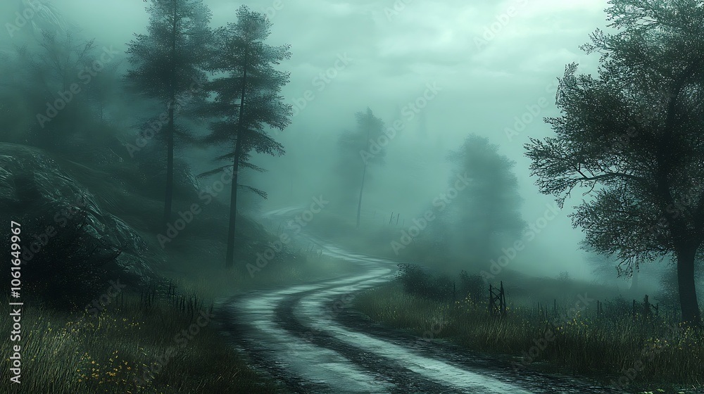 Obraz premium Winding road through the misty forest a serene