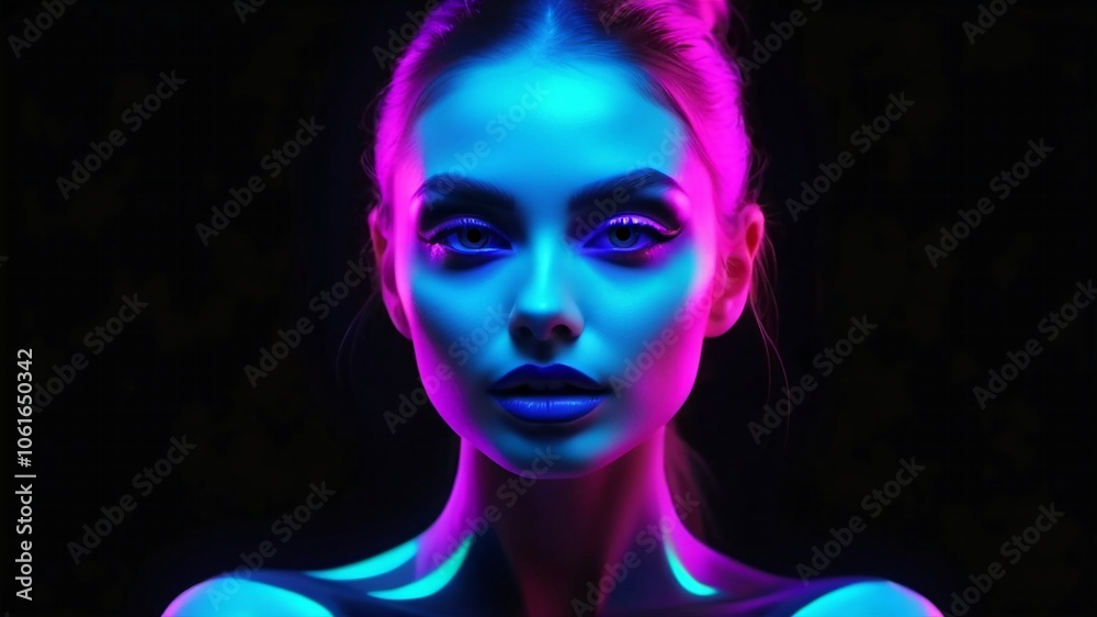 Portrait of a woman in fluorescent backgroud on black.