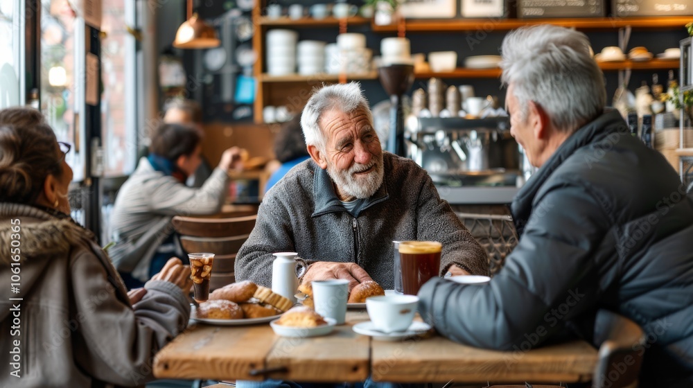 Elderly friends in a café, enjoying pastries and coffee, sharing stories in warm, relaxed surroundings.