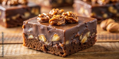 A rich, chocolate brownie topped with a smooth layer of chocolate ganache and a scattering of crunchy pecans, a delightful treat for any occasion.