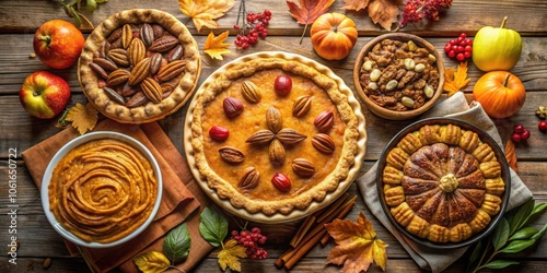 Autumnal Delights A Rustic Table Setting with Pecan Pies, Pumpkin Pie, Sweet Potato Filling, and Fall Decorations