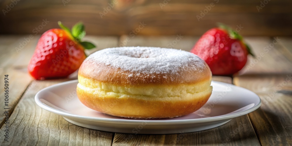 A single, glazed donut sits on a white plate next to two strawberries on a wooden table A single, glazed donut sits on a white plate next to two strawberries on a wooden table