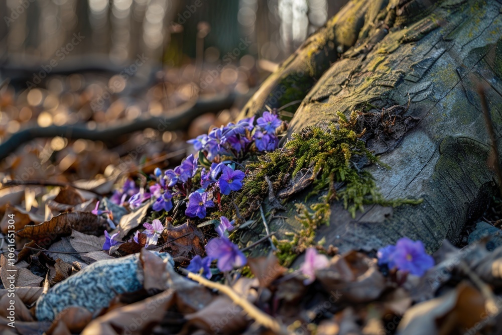 A cluster of purple flowers sits atop the forest floor amidst lush greenery A cluster of purple flowers sits atop the forest floor amidst lush greenery
