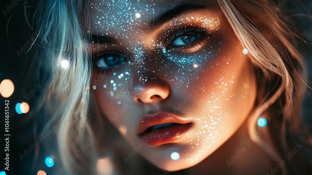 Ethereal portrait with shimmering glitter on face and dreamy lights Ethereal portrait with shimmering glitter on face and dreamy lights