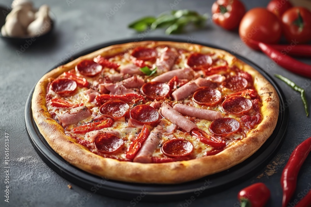 A slice of pizza topped with pepperoni, ham, and tomatoes