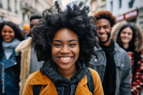 Young african american woman with afro hairstyle in the city.