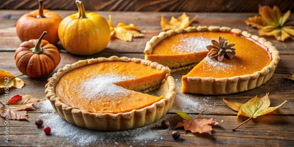 A Rustic Thanksgiving Table Setting Featuring a Delicious Pumpkin Pie with a Sprinkle of Powdered Sugar, Accompanied by Pumpkins and Colorful Autumn Leaves A Rustic Thanksgiving Table Setting Featuring a Delicious Pumpkin Pie with a Sprinkle of Powdered Sugar, Accompanied by Pumpkins and Colorful Autumn Leaves