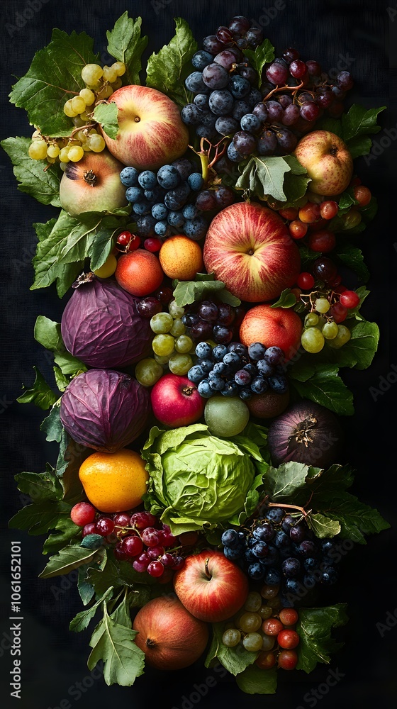 A vibrant array of fresh fruits and vegetables including apples, grapes, and cabbage.