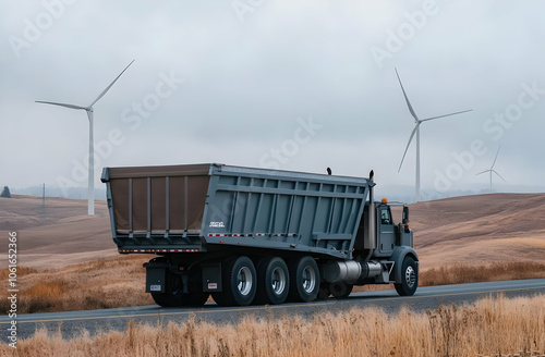 A grey semi-trailer truck driving on a paved road past a field of dry grass and wind turbines on a cloudy day. photo