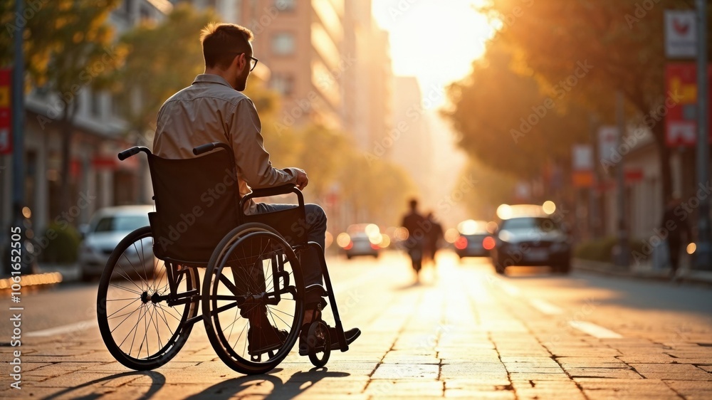 Obraz premium A man who uses a wheelchair is comfortably sitting on the sidewalk, enjoying his surroundings and taking in the sights of the day