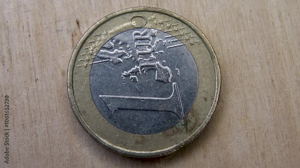 One euro coin on a wooden surface