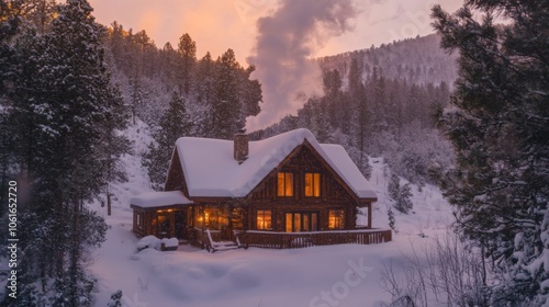 Cozy cabin in the mountains with smoke rising from the chimney during a snowfall. Inviting retreat in a winter wonderland.