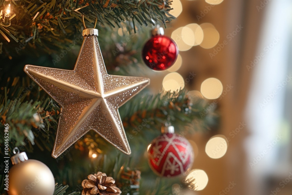A decorated Christmas tree with a shining star on top A decorated Christmas tree with a shining star on top