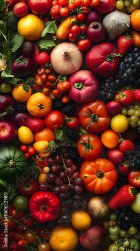 Colorful array of fresh fruits and vegetables in various shapes and sizes.