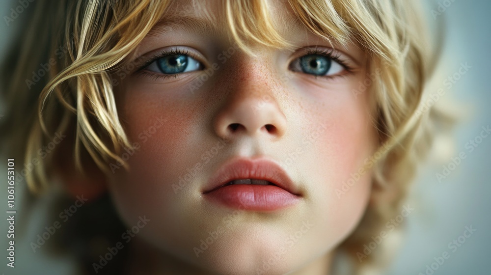 Naklejka premium A close-up shot of a young child's face featuring bright blue eyes