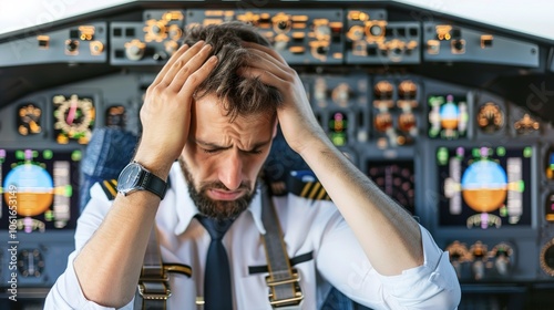 Pilot sitting in cockpit, looking frustrated and holding head, surrounded by flight instruments and control panels, capturing stress and responsibility in aviation, pilot error concept.