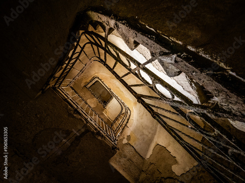 Old decaing spiral staircase in a hungarian castle photo