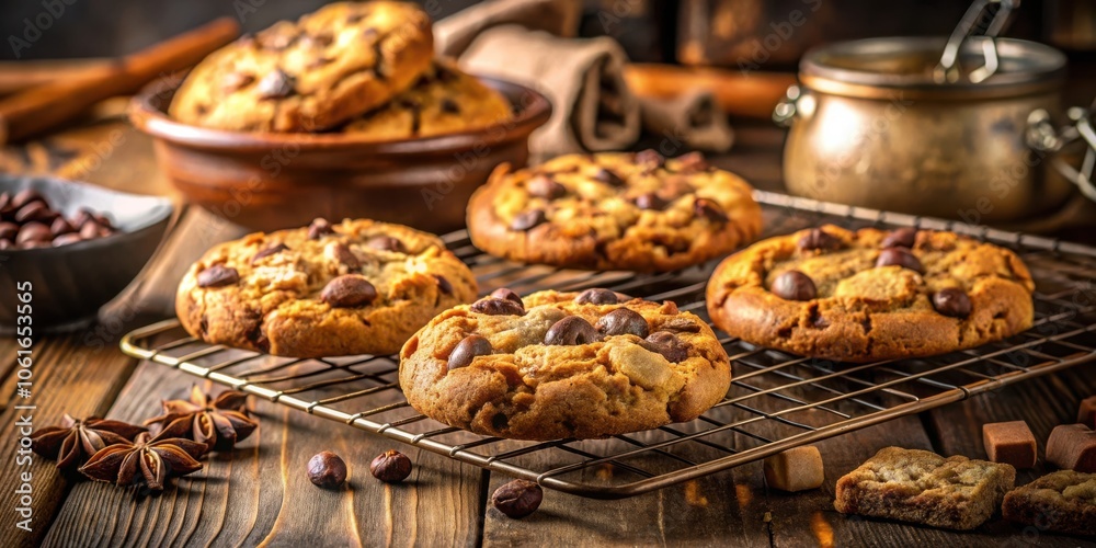 Freshly baked chocolate chip cookies cooling on a wire rack, with a bowl of more cookies and a bowl of chocolate chips in the background. Freshly baked chocolate chip cookies cooling on a wire rack, with a bowl of more cookies and a bowl of chocolate chips in the background.