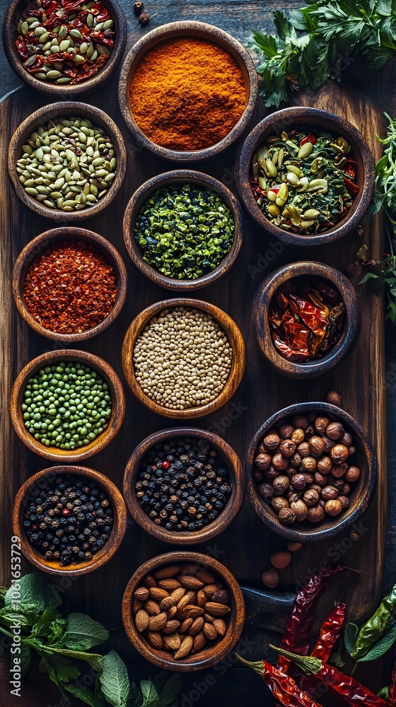 A vibrant array of spices in wooden bowls on a rustic wooden table. A vibrant array of spices in wooden bowls on a rustic wooden table.