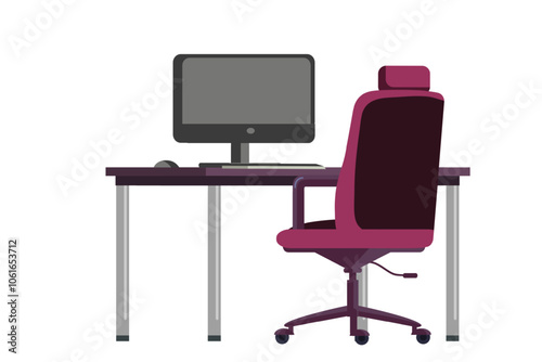 Office desk with chair, big screen of computer, mouse and keyword. Home office interior design. Modern business workplace. Flat vector illustration.