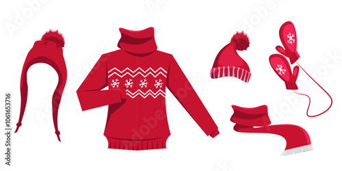 Winter Christmas clothes vector illustration set. Red-white knitted sweater, scarf, hats, mittens. Xmas themed garments. Warm footwear and headwear for cold weather protection.