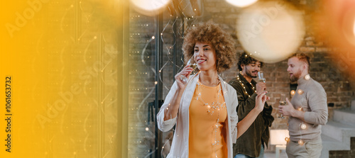 A group of friends dancing with raising glasses of champagne on the Happy New Year party