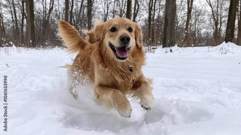 Dog running and playing in the snow, with its tongue out and tail wagging. Joyful winter playtime. Dog running and playing in the snow, with its tongue out and tail wagging. Joyful winter playtime.