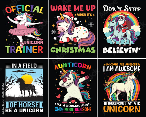 Cute Christmas Unicorn T-shirt Design, Christmas Unicorn Character Cartoon Vector Wearing Santa Hat, Christmas Custom Template, Vector print.