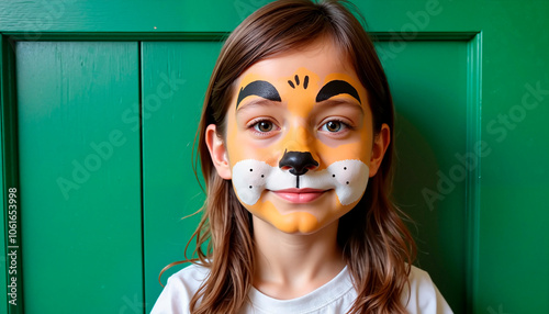 Child with lion face paint smiling against a green background photo