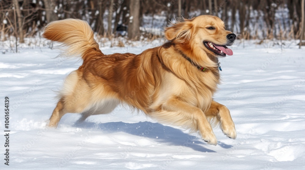 Dog running and playing in the snow, with its tongue out and tail wagging. Joyful winter playtime. Dog running and playing in the snow, with its tongue out and tail wagging. Joyful winter playtime.