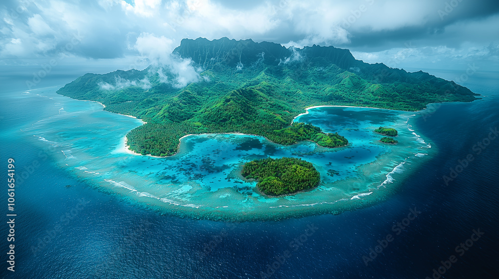 Aerial view of tropical island with coral reefs and shallow waters near ...