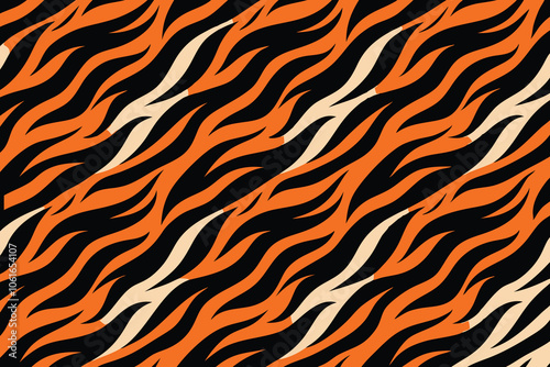 Tiger Fur Motif. Illustrate a seamless pattern featuring the iconic tiger stripes in vibrant orange, black, and white, suitable for wallpaper, fabric, and wrapping paper