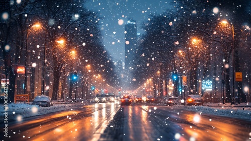 A snowy city street at night with streetlights illuminating the road and buildings in the distance.