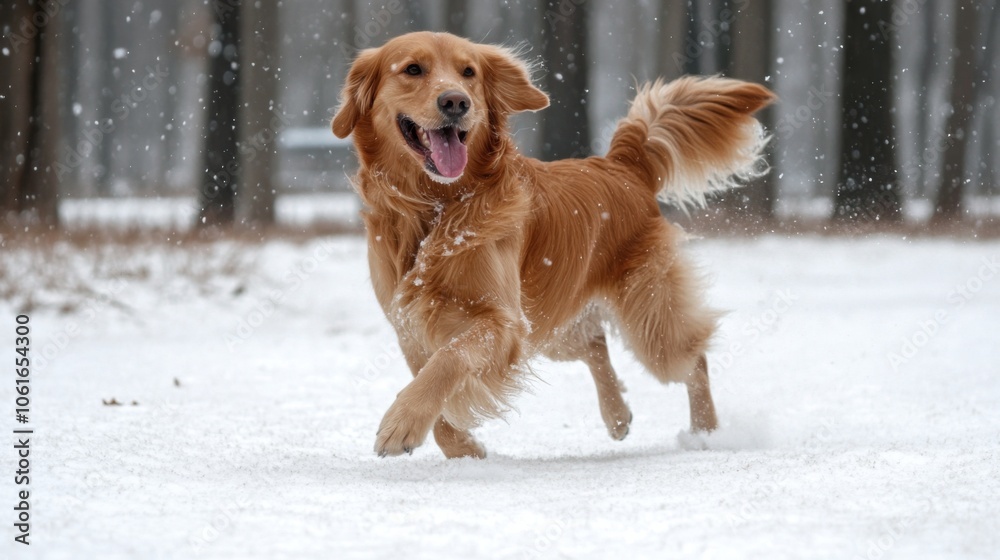 Dog running and playing in the snow, with its tongue out and tail wagging. Joyful winter playtime. Dog running and playing in the snow, with its tongue out and tail wagging. Joyful winter playtime.