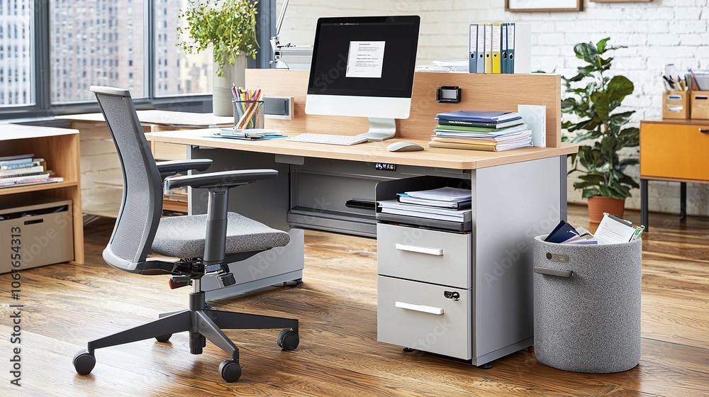 Modern Office Desk with Chair and File Cabinet. Modern Office Desk with Chair and File Cabinet.